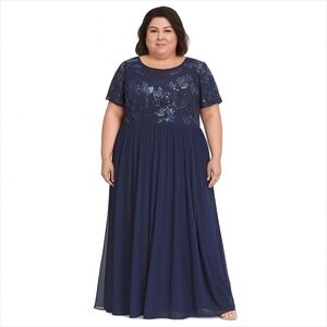 R & H Richard Short Sleeve Navy Sequin Mother of Bride Maxi Dress/ Gown 14W